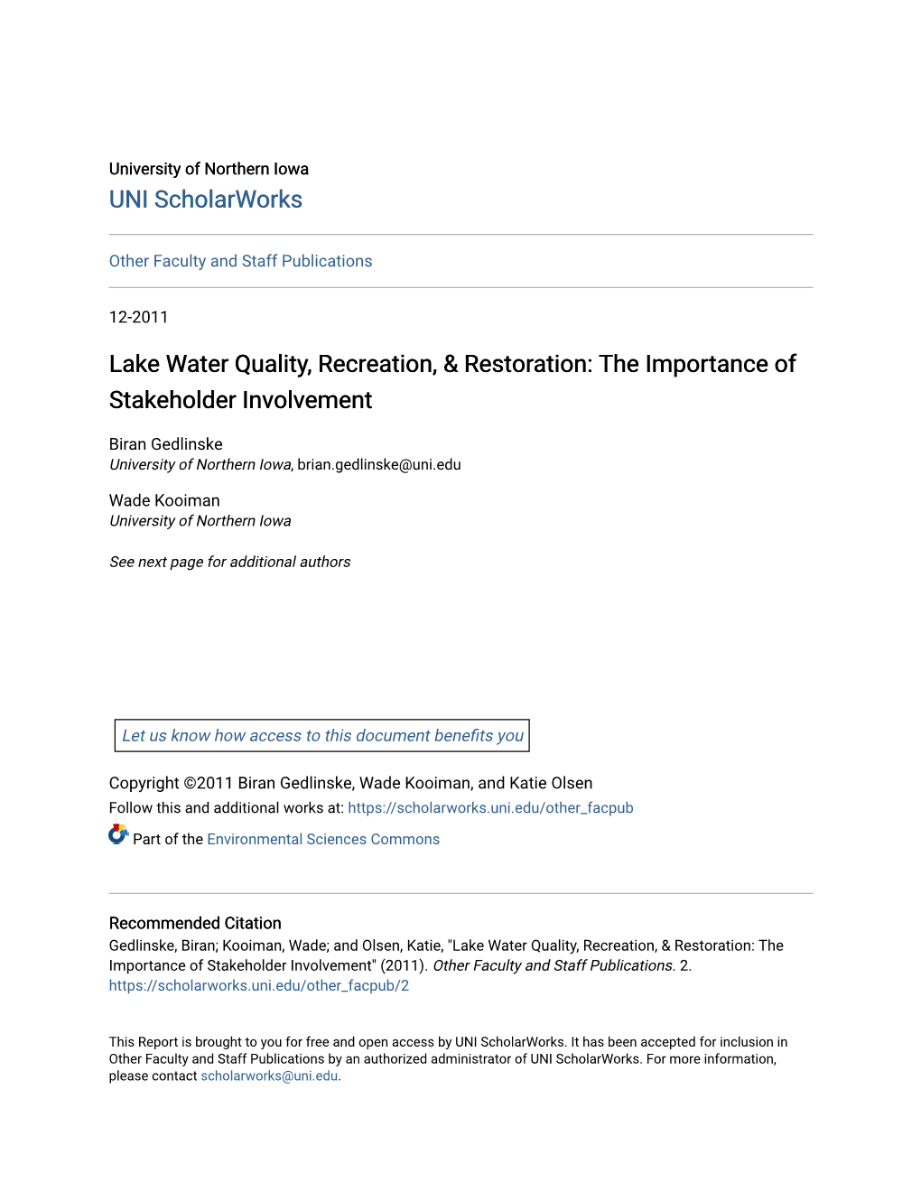 Lake Water Quality, Recreation, & Restoration