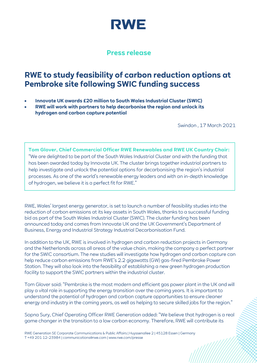 RWE to Study Feasibility of Carbon Reduction Options at Pembroke Site Following SWIC Funding Success