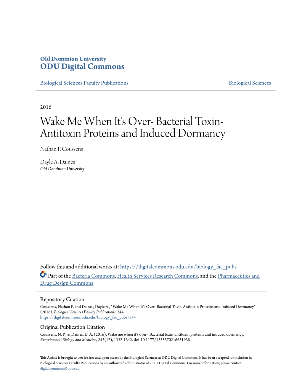 Bacterial Toxin-Antitoxin Proteins and Induced Dormancy" (2016)