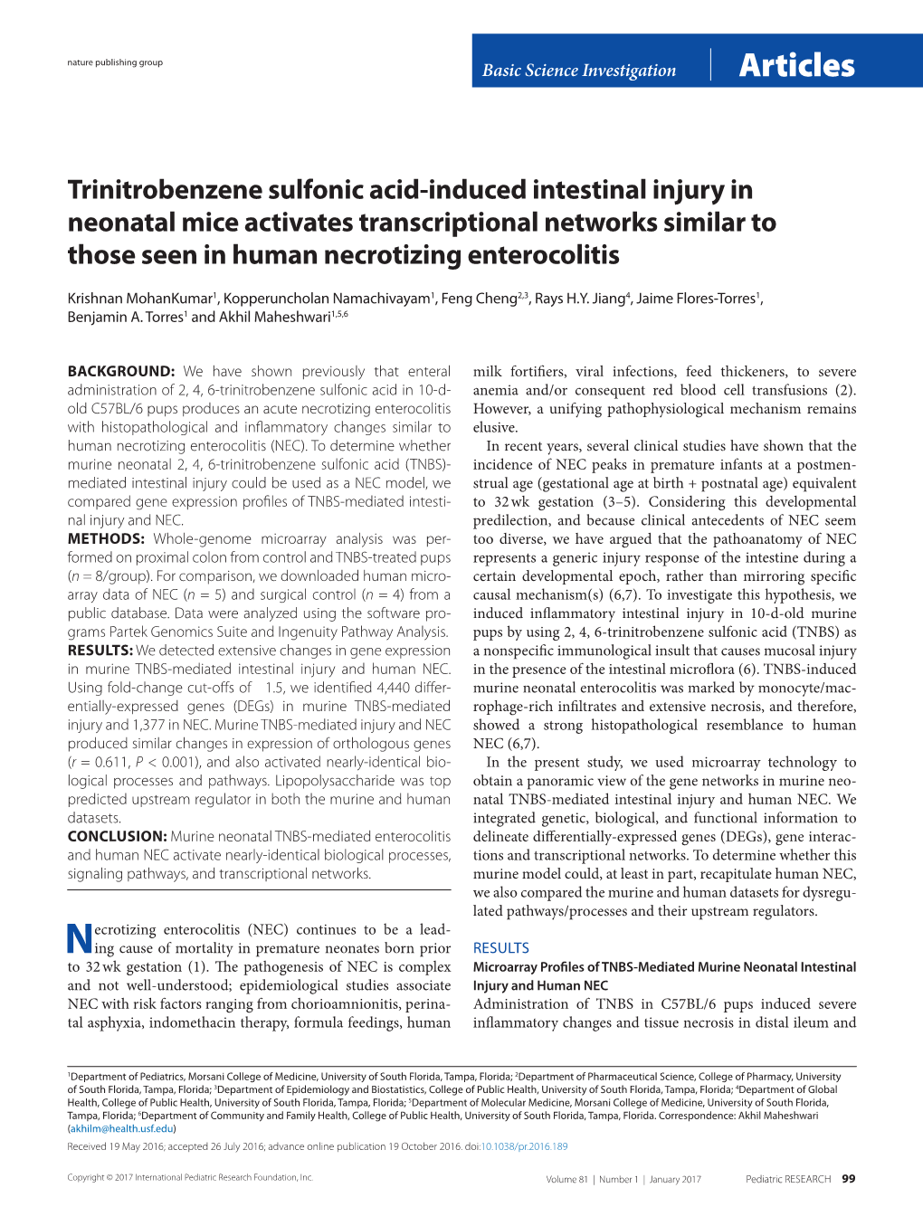 Trinitrobenzene Sulfonic Acid-Induced Intestinal Injury in Neonatal Mice Activates Transcriptional Networks Similar to Those Seen in Human Necrotizing Enterocolitis