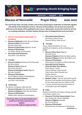Diocese of Newcastle Prayer Diary June 2020
