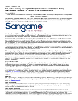 Kite, a Gilead Company, and Sangamo Therapeutics Announce Collaboration to Develop Next-Generation Engineered Cell Therapies for the Treatment of Cancer