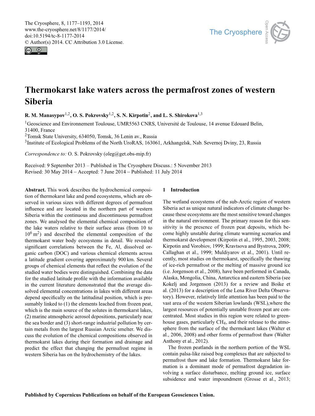 Thermokarst Lake Waters Across the Permafrost Zones of Western Siberia