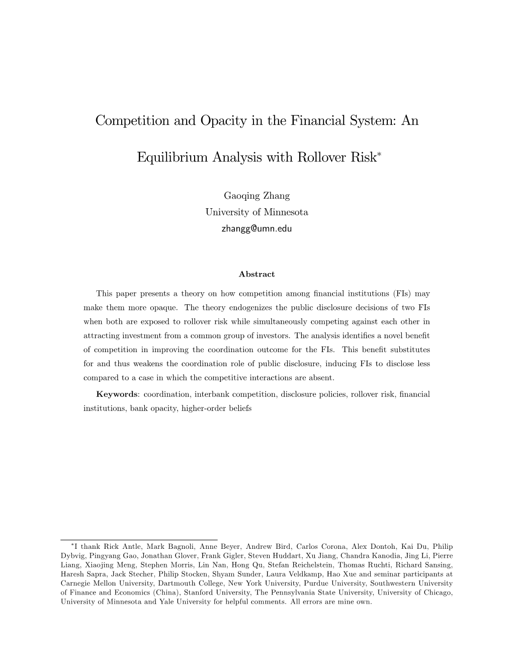 Competition and Opacity in the Financial System: an Equilibrium Analysis with Rollover Risk