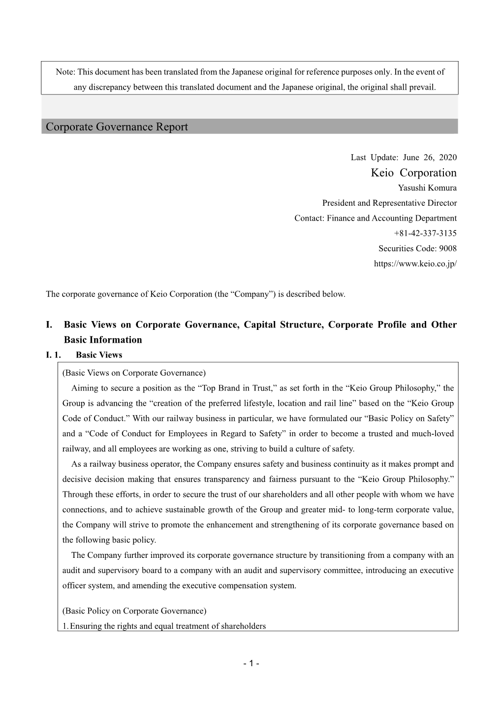 Corporate Governance Report Keio Corporation