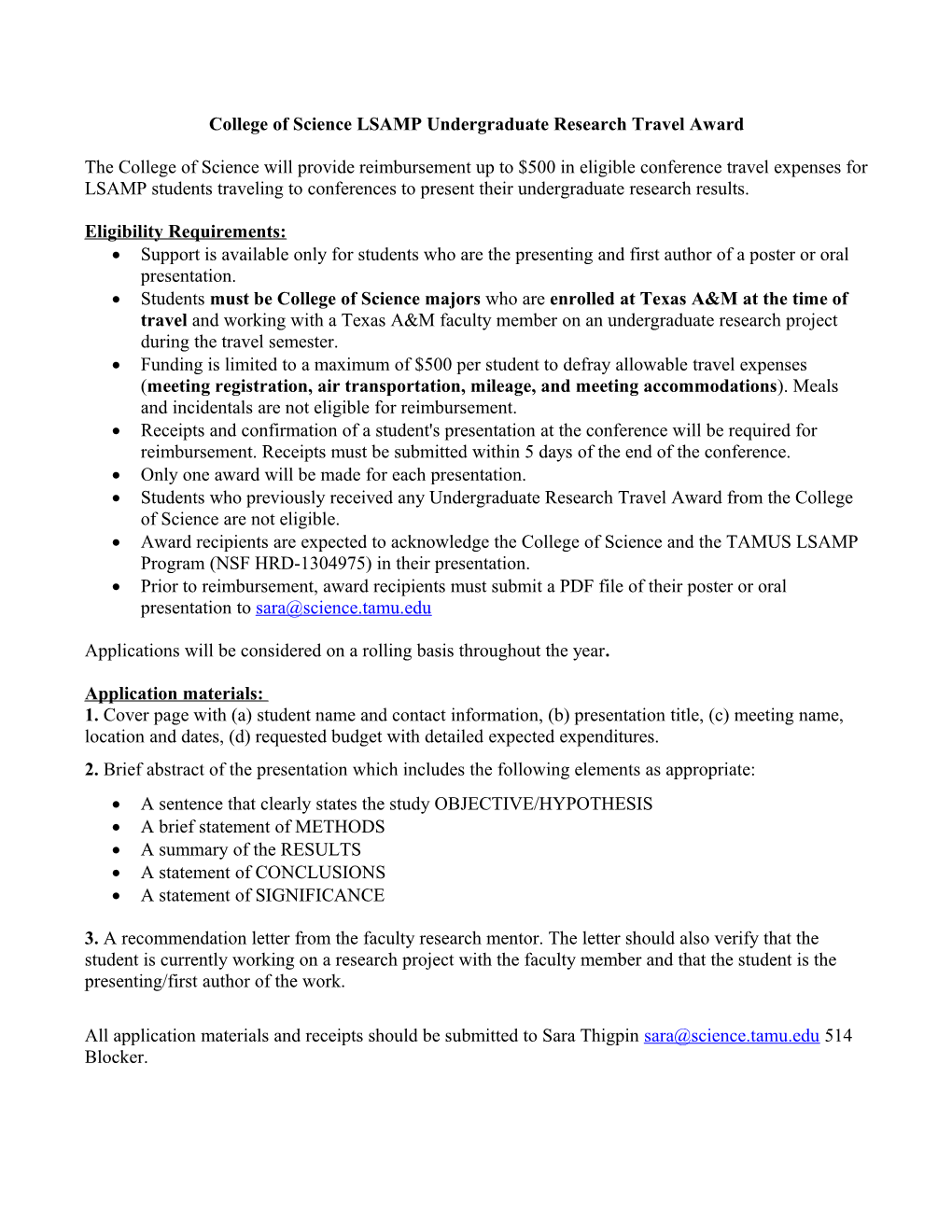 College of Science LSAMP Undergraduate Research Travel Award