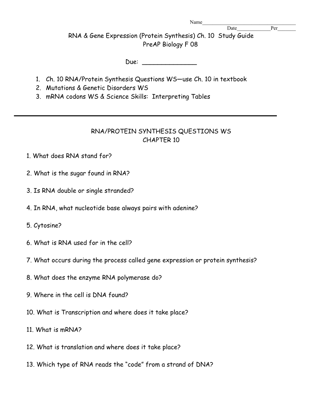 Rna/Protein Synthesis Questions