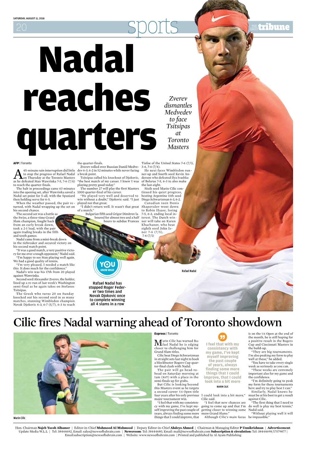 Cilic Fires Nadal Warning Ahead of Toronto Showdown