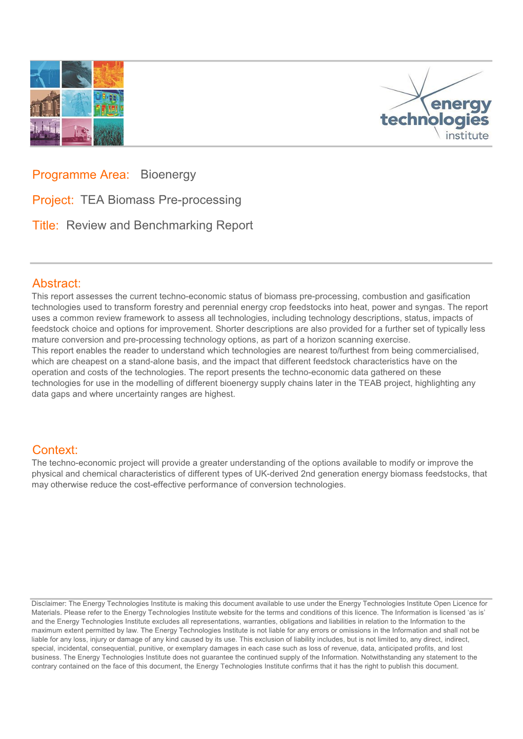 TEA Biomass Pre-Processing Review and Benchmarking Report Abstract