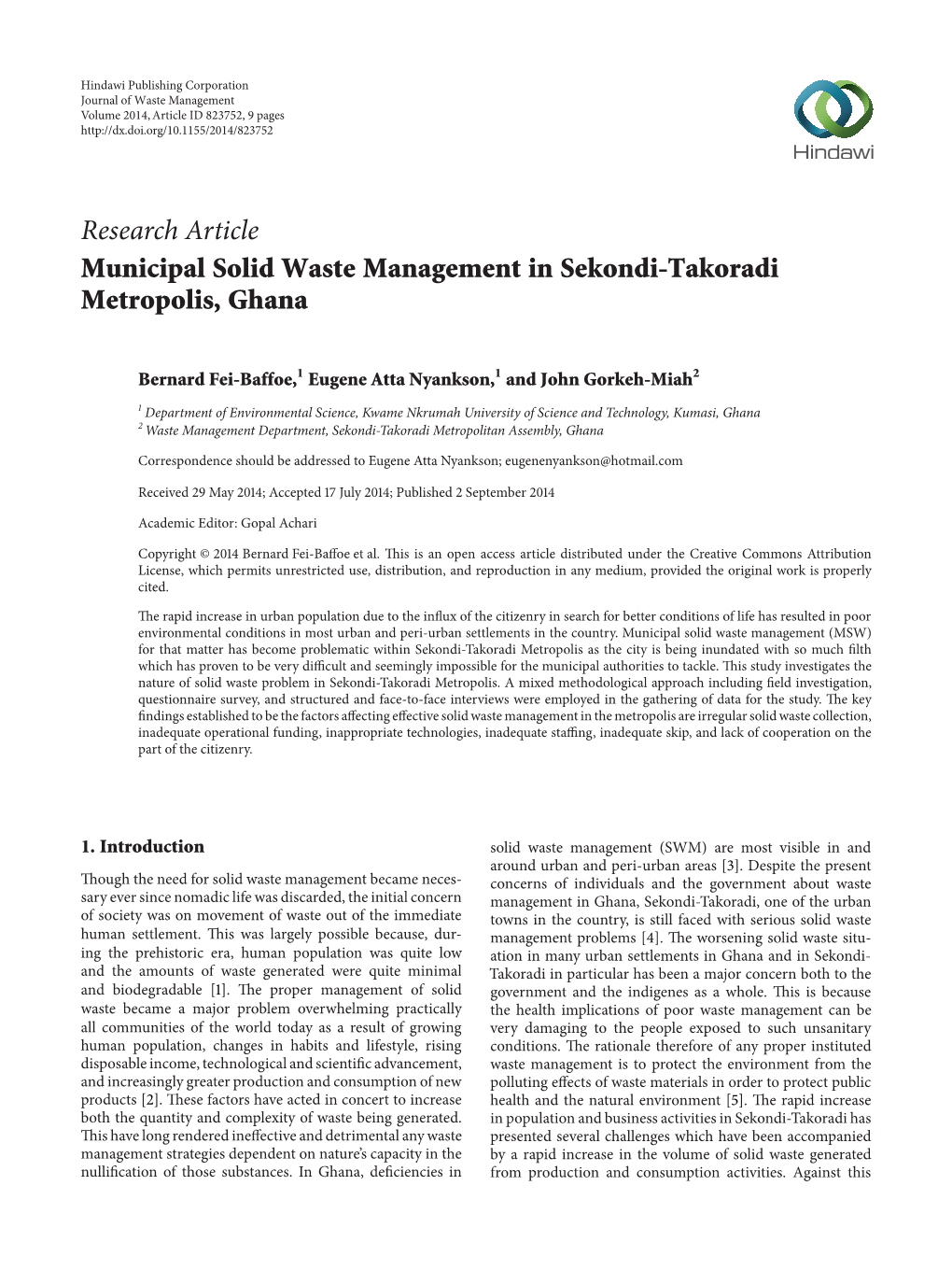 Municipal Solid Waste Management in Sekondi-Takoradi Metropolis, Ghana
