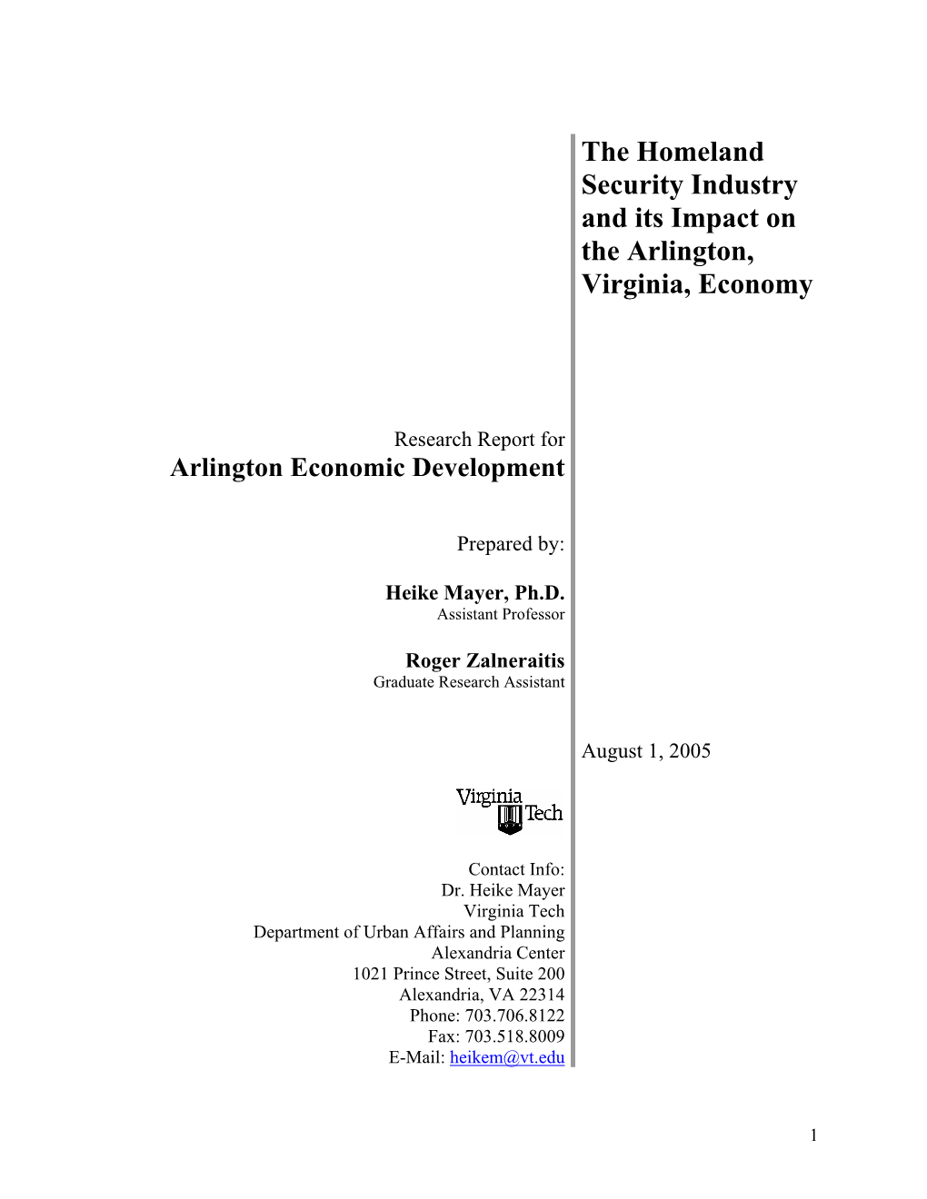 The Homeland Security Industry and Its Impact on the Arlington, Virginia, Economy