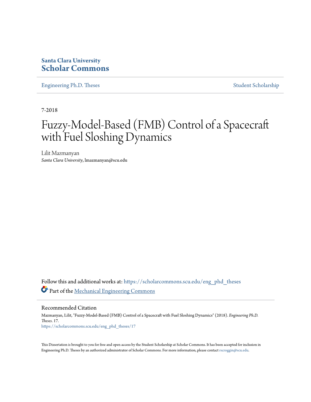 (FMB) Control of a Spacecraft with Fuel Sloshing Dynamics Lilit Mazmanyan Santa Clara University, Lmazmanyan@Scu.Edu