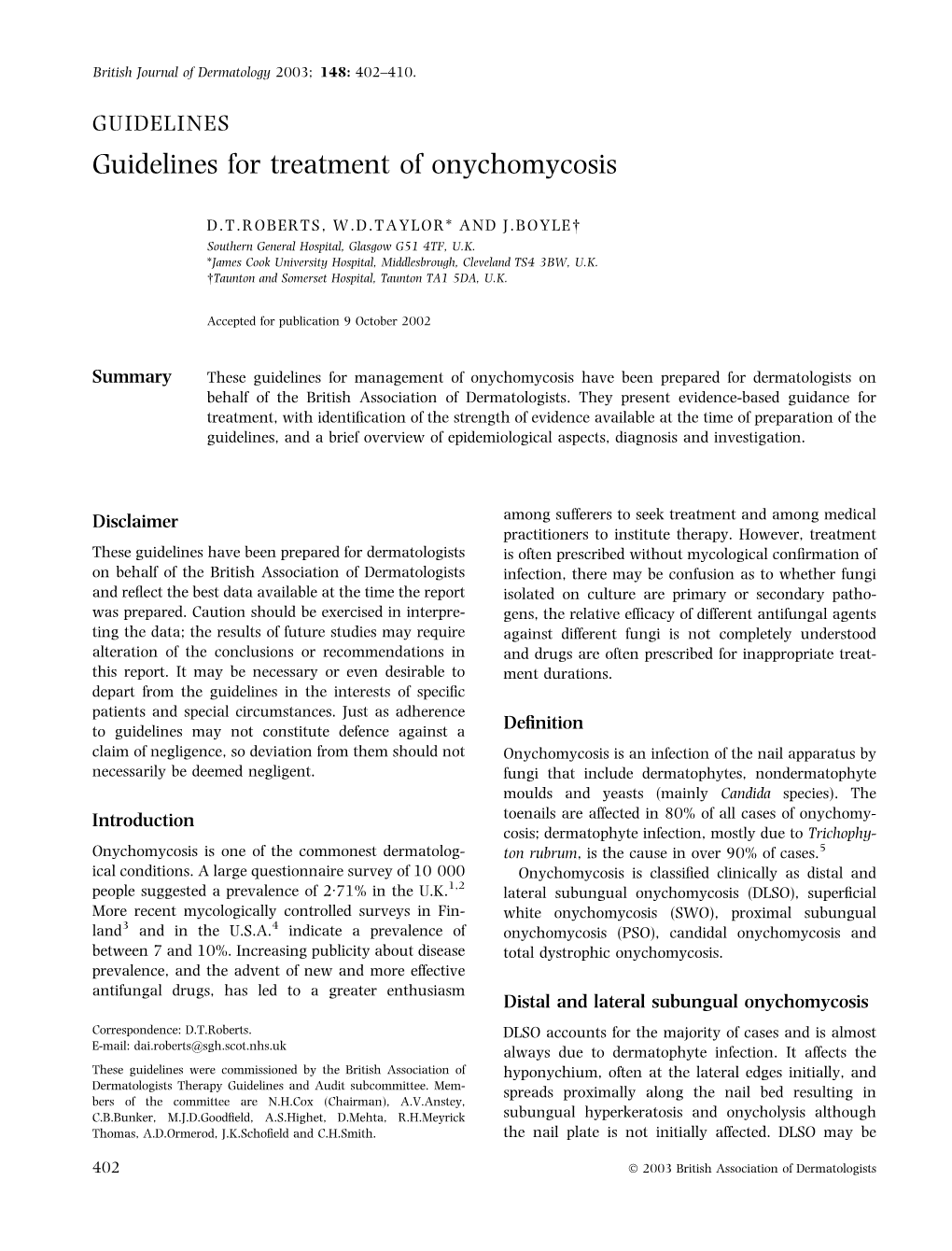 Guidelines for Treatment of Onychomycosis