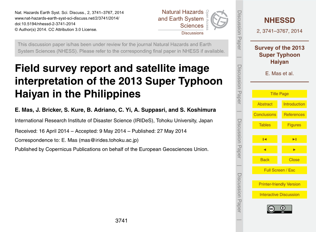 Survey of the 2013 Super Typhoon Haiyan 2, 3741–3767, 2014