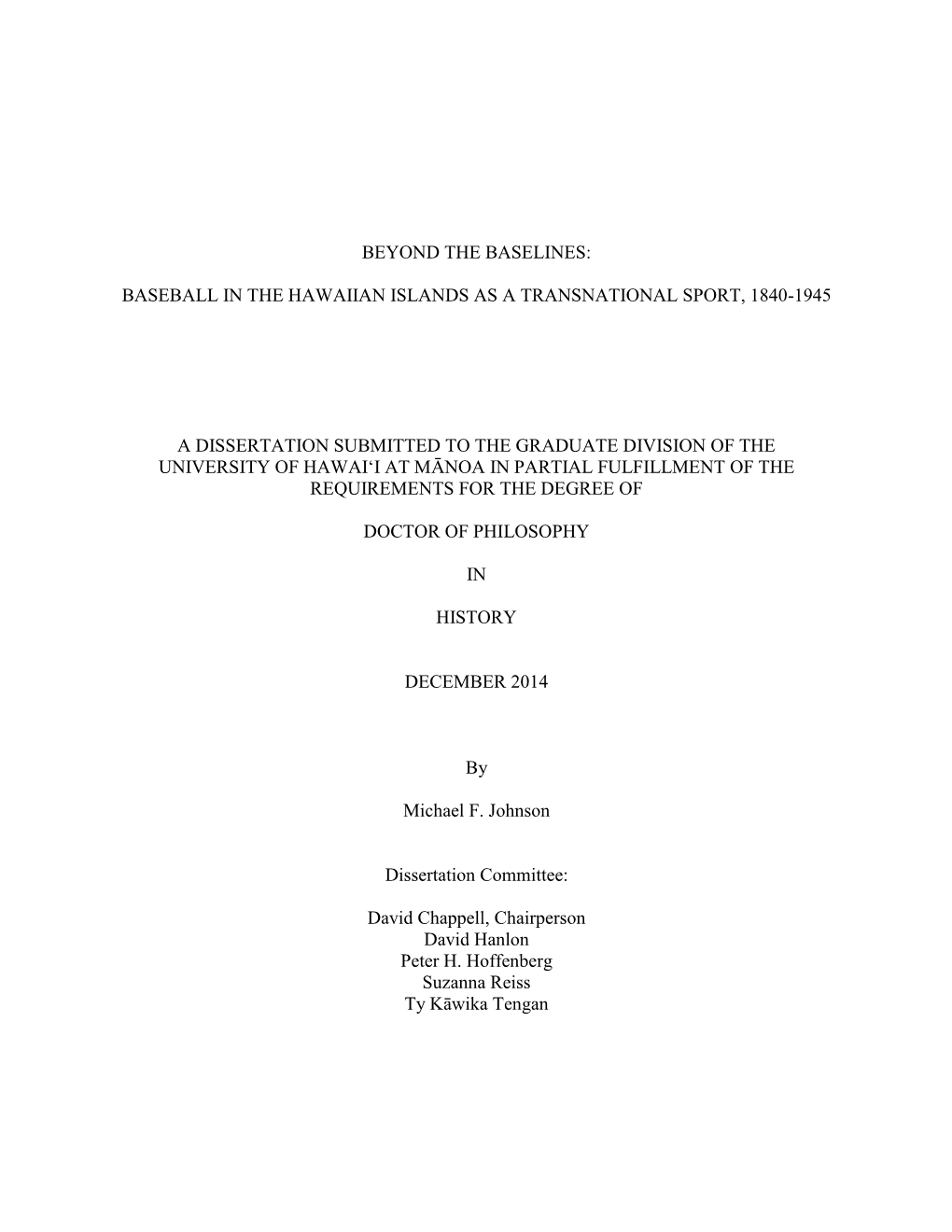 Baseball in the Hawaiian Islands As a Transnational Sport, 1840-1945