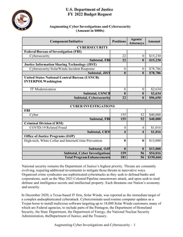 U.S. Department of Justice FY 2022 Budget Request