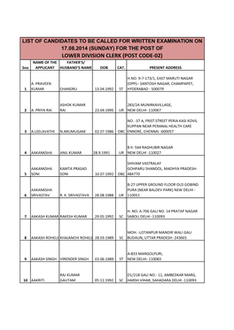 LOWER DIVISION CLERK (POST CODE-02) NAME of the FATHER's/ Sno APPLICANT HUSBAND's NAME DOB CAT