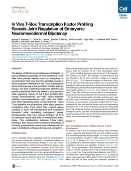 Vivo T-Box Transcription Factor Profiling Reveals Joint Regulation of Embryonic Neuromesodermal Bipotency