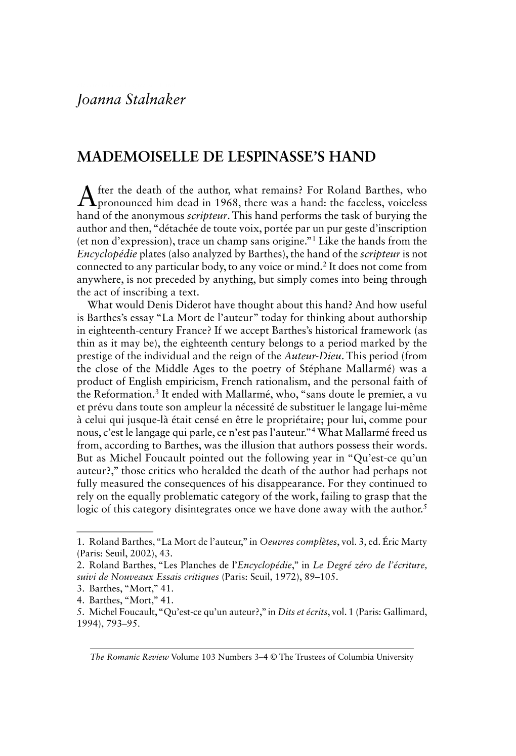 Joanna Stalnaker MADEMOISELLE DE LESPINASSE's HAND