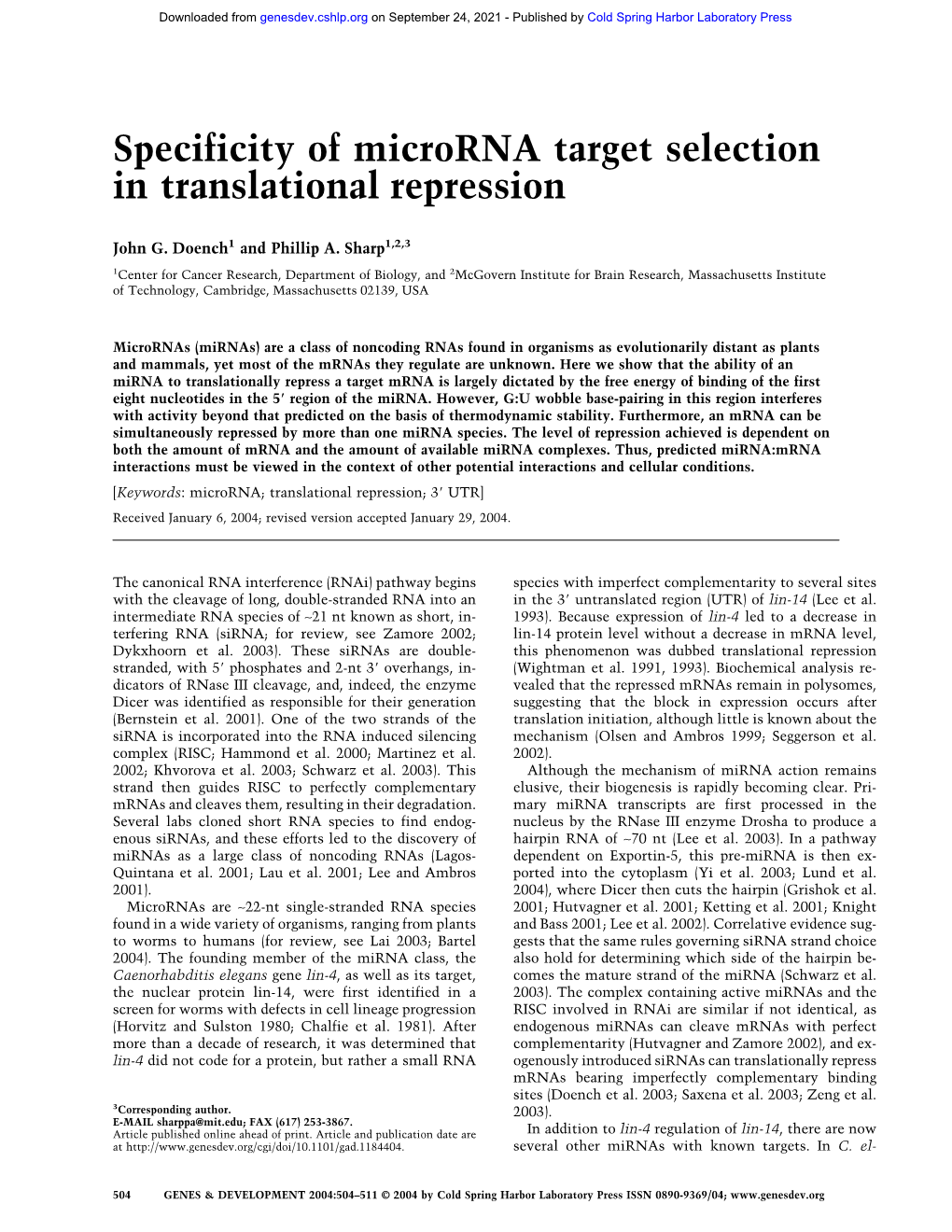Specificity of Microrna Target Selection in Translational Repression