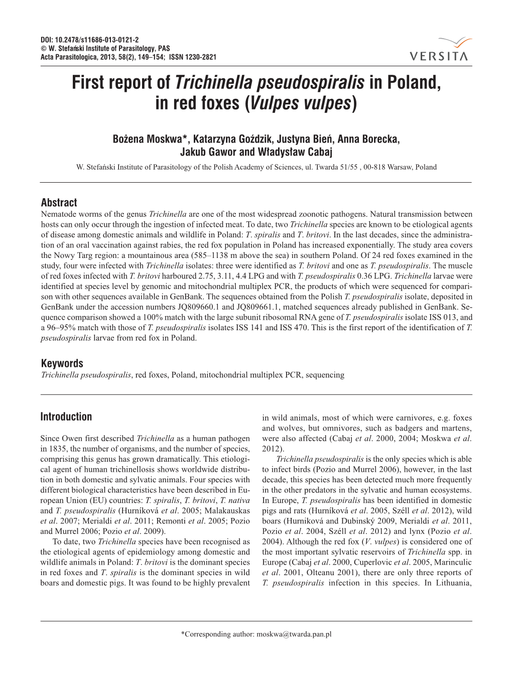 First Report of Trichinella Pseudospiralis in Poland, in Red Foxes (Vulpes Vulpes)