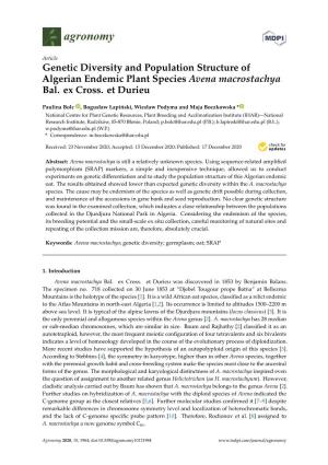 Genetic Diversity and Population Structure of Algerian Endemic Plant Species Avena Macrostachya Bal