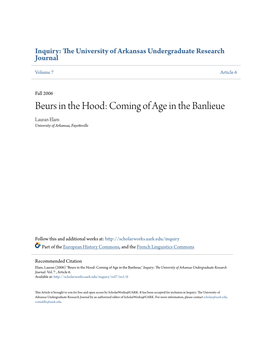 Beurs in the Hood: Coming of Age in the Banlieue Lauran Elam University of Arkansas, Fayetteville