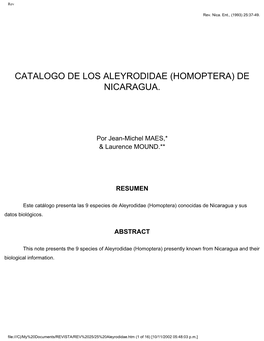 Catalogo De Los Aleyrodidae (Homoptera) De Nicaragua
