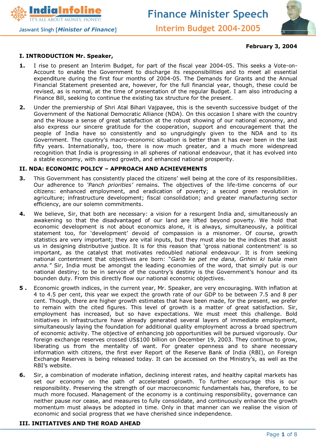 Finance Minister Speech Interim Budget 2004-2005