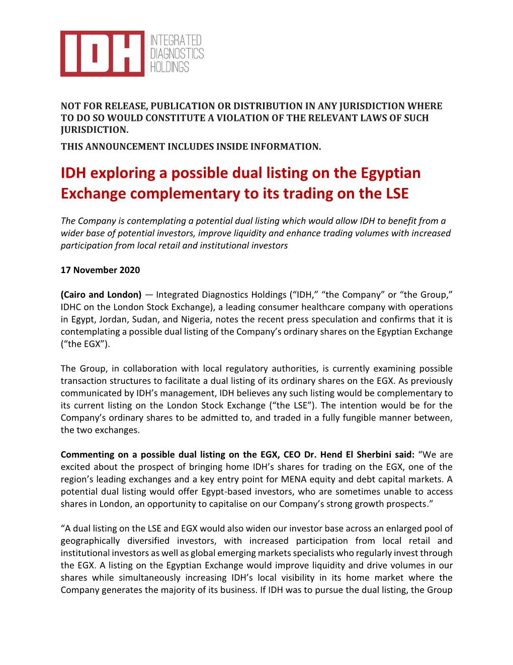 IDH Exploring a Possible Dual Listing on the Egyptian Exchange Complementary to Its Trading on the LSE