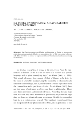 Da Costa on Ontology: a Naturalistic Interpretation