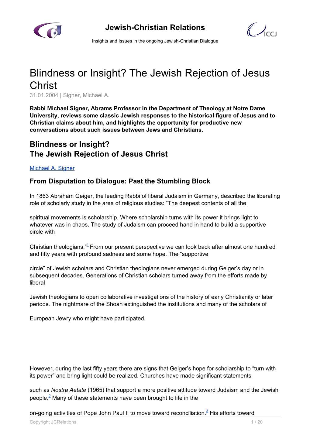 The Jewish Rejection of Jesus Christ 31.01.2004 | Signer, Michael A