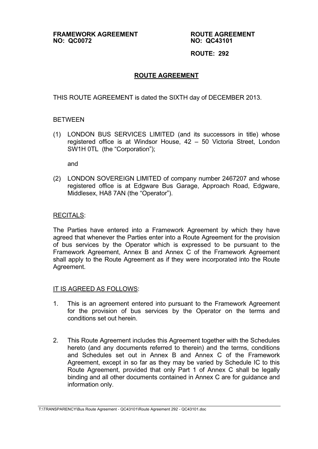 Qc0072 Route Agreement No: Qc43101 Route