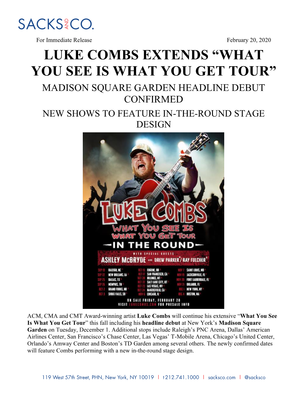 Luke Combs Extends What You See Is What You Get Tour Madison Square Garden Headline Debut