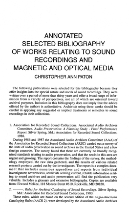 Of Works Relating to Sound Recordings and Magnetic and Optical Media Christopher Ann Paton