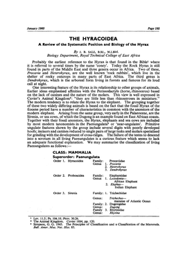 THE HYRACOIDEA a Review of the Systematic Position and Biology of the Hyrax