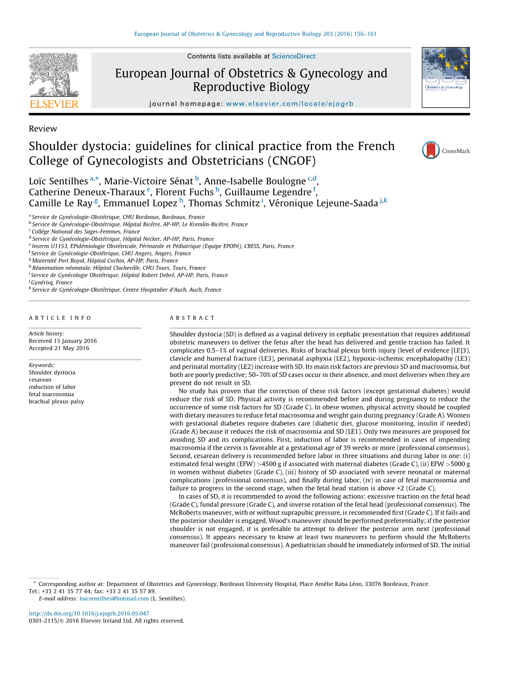 Shoulder Dystocia: Guidelines for Clinical Practice from the French