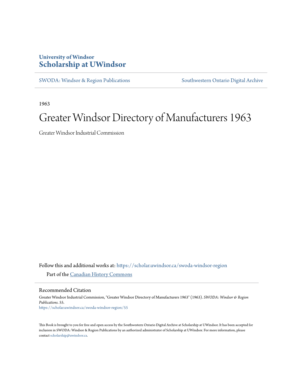 Greater Windsor Directory of Manufacturers 1963 Greater Windsor Industrial Commission