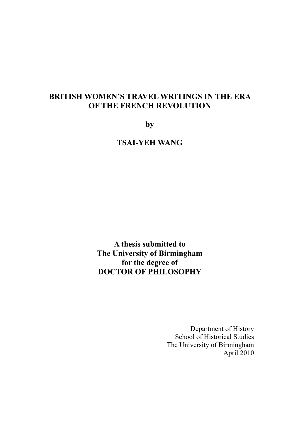 British Women's Travel Writings in the Era of the French Revolution