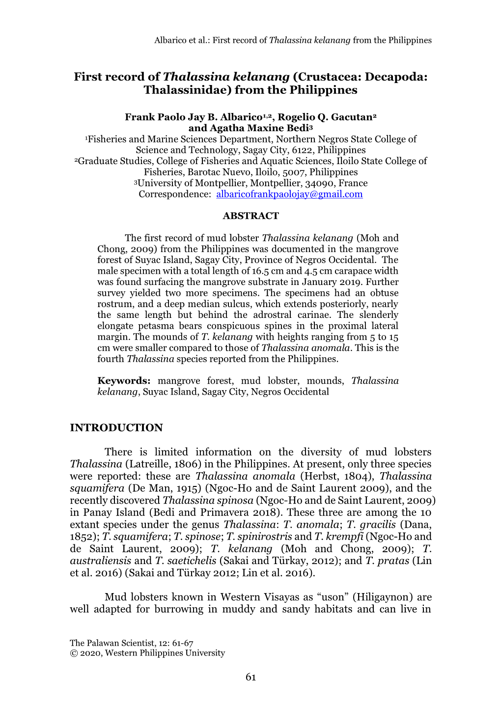 First Record of Thalassina Kelanang (Crustacea: Decapoda: Thalassinidae) from the Philippines