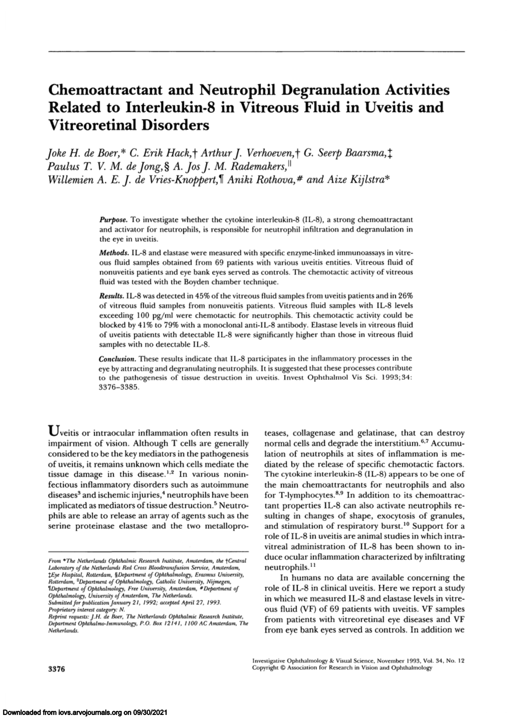 Chemoattractant and Neutrophil Degranulation Activities Related to Interleukin-8 in Vitreous Fluid in Uveitis and Vitreoretinal Disorders