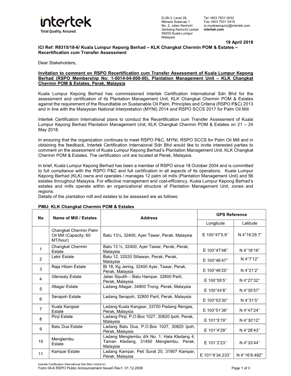 KLK Changkat Chermin POM & Estates – Recertification