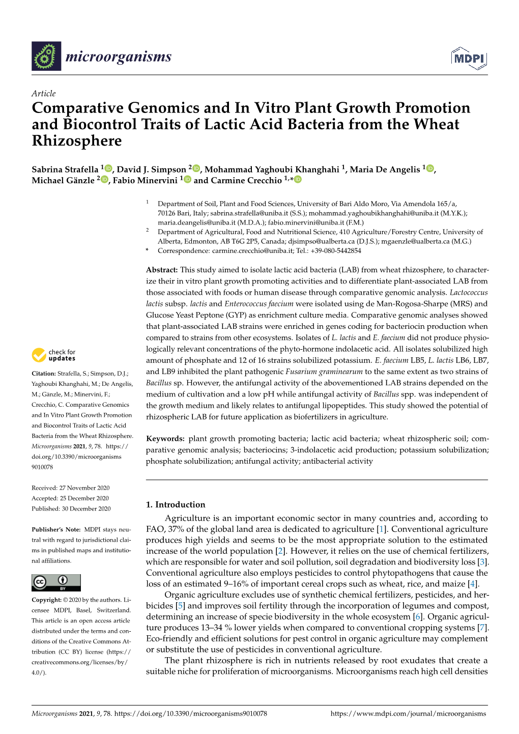 Comparative Genomics and in Vitro Plant Growth Promotion and Biocontrol Traits of Lactic Acid Bacteria from the Wheat Rhizosphere