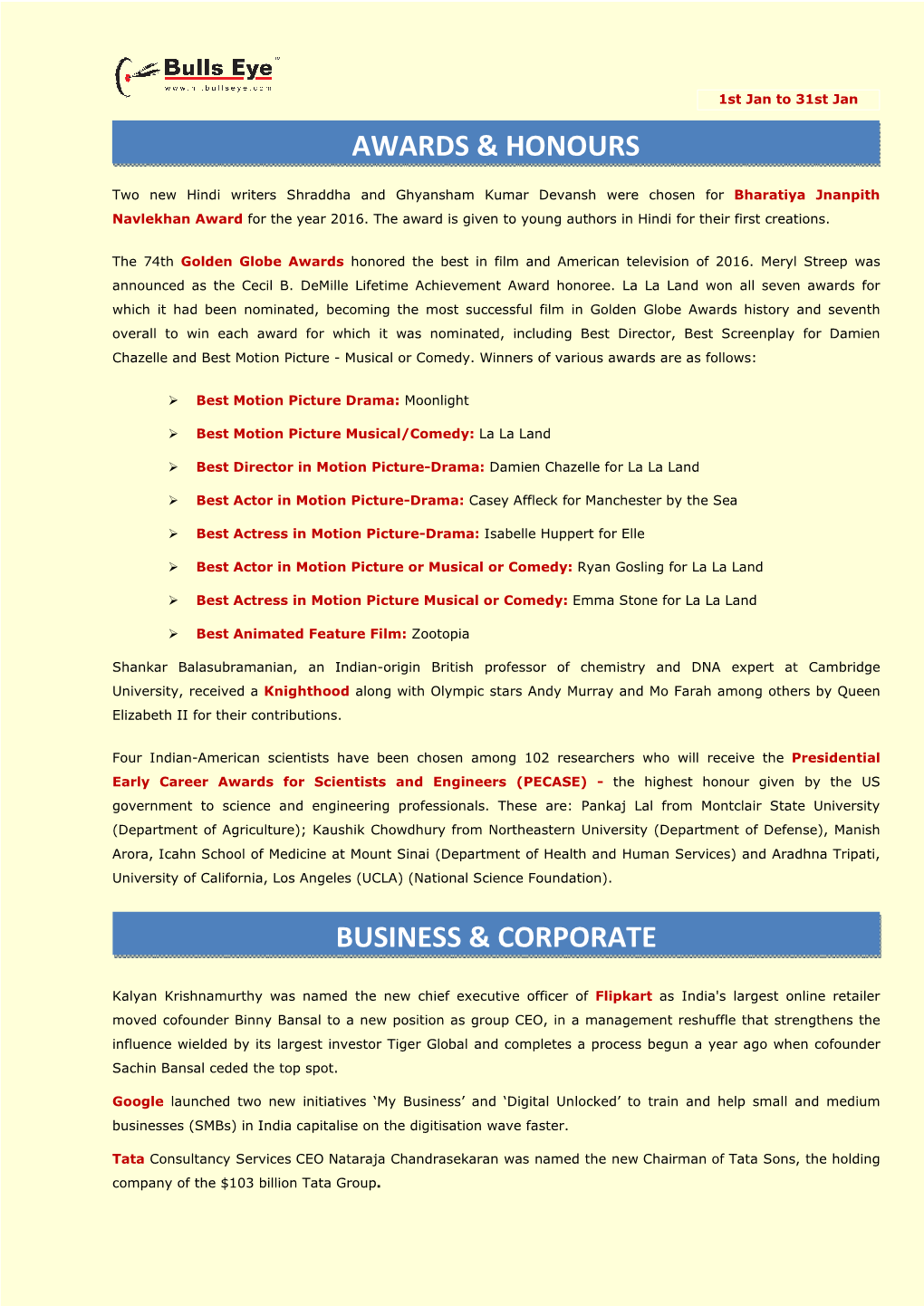 Awards & Honours Business & Corporate