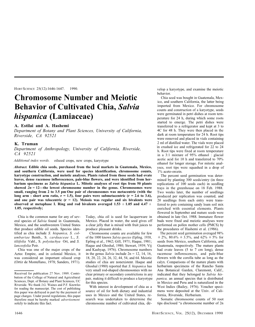 Chromosome Number and Meiotic Behavior of Cultivated Chia, Salvia