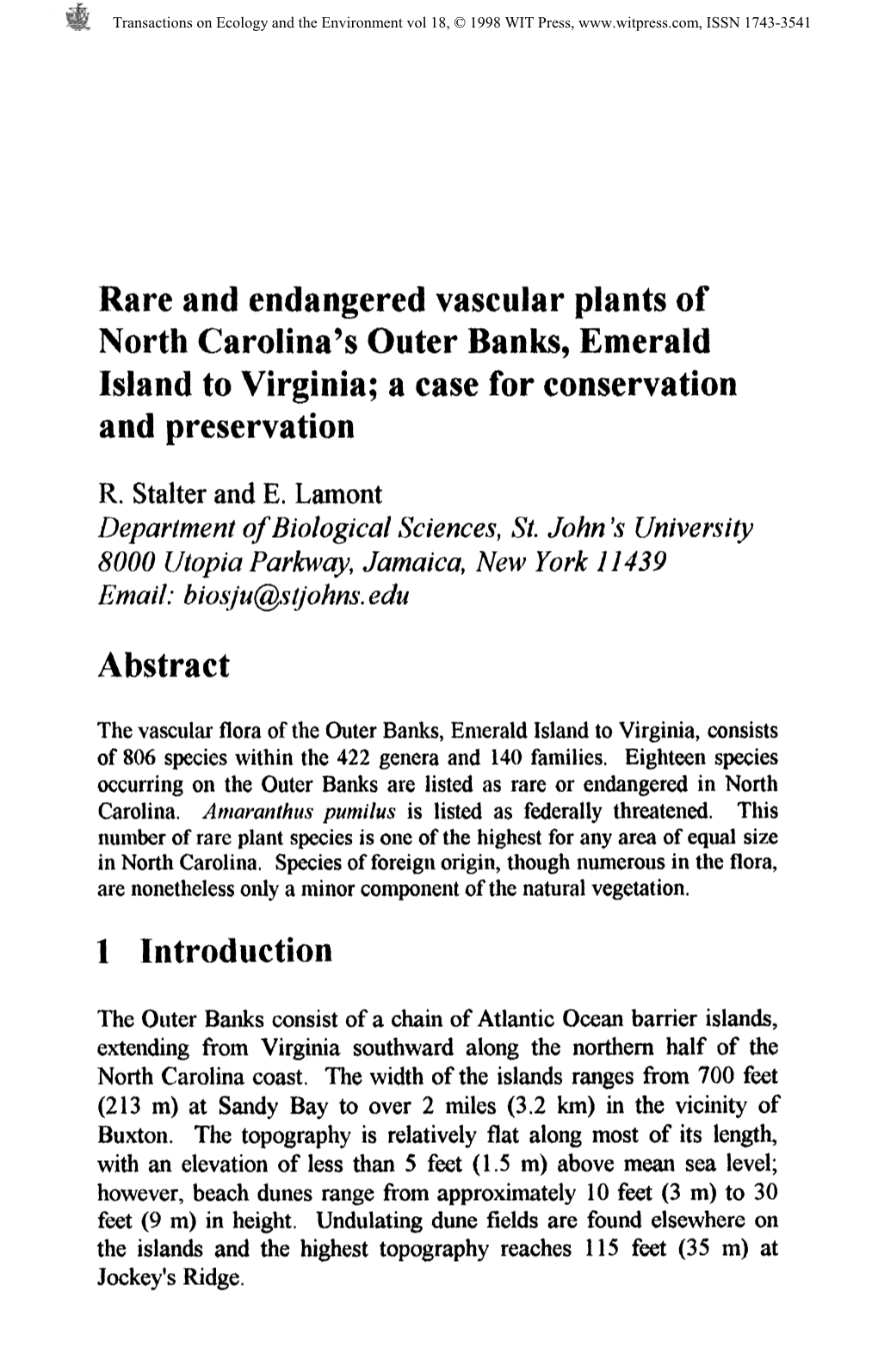 Rare and Endangered Vascular Plants of North Carolina's