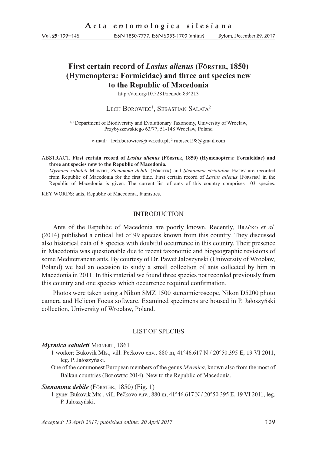 Hymenoptera: Formicidae) and Three Ant Species New to the Republic of Macedonia