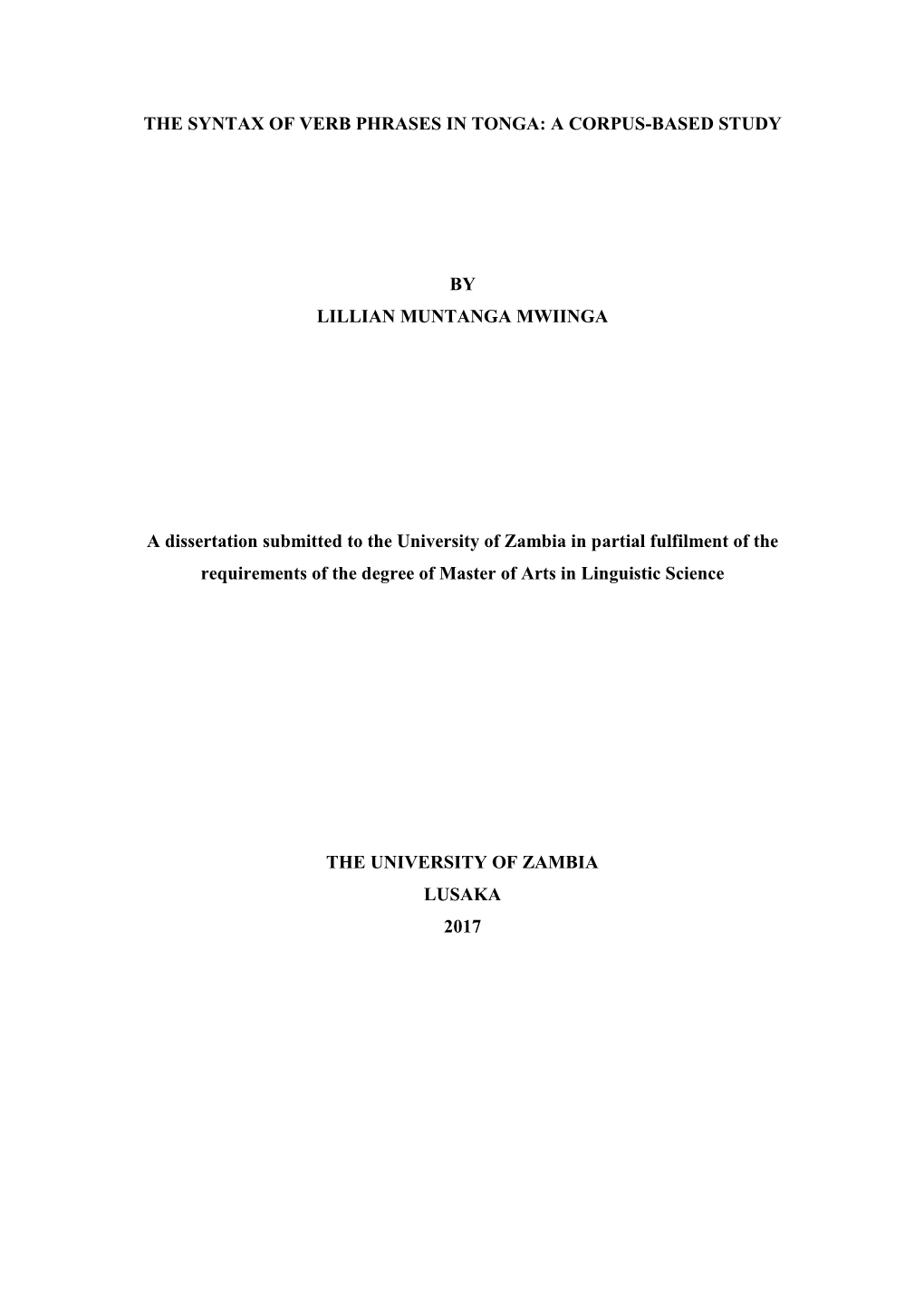 The Syntax of Verb Phrases in Tonga: a Corpus-Based Study