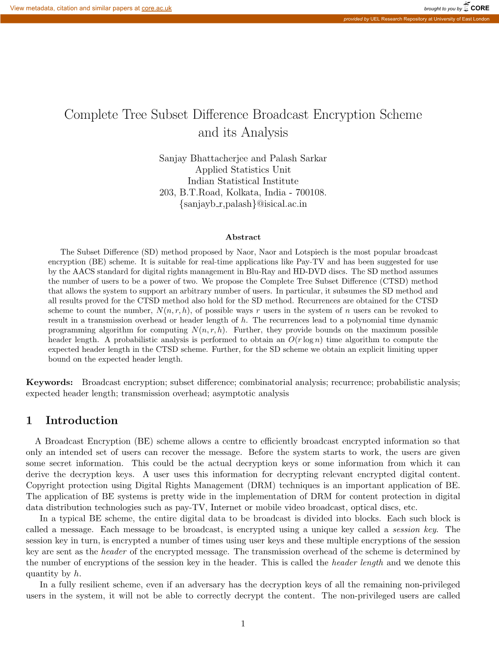 Complete Tree Subset Difference Broadcast Encryption Scheme And