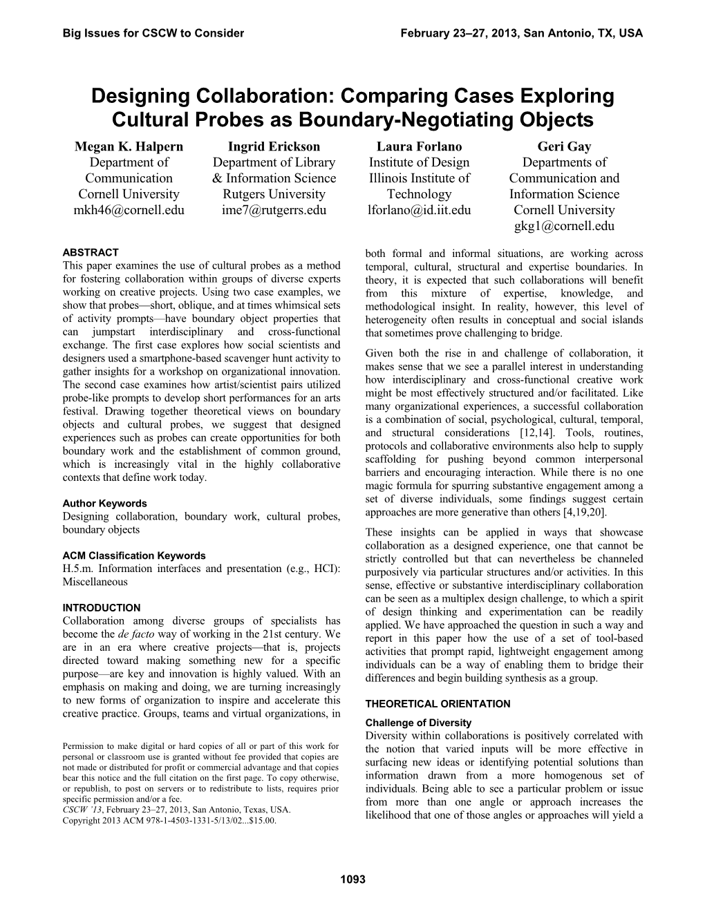 Designing Collaboration: Comparing Cases Exploring Cultural Probes As Boundary-Negotiating Objects Megan K